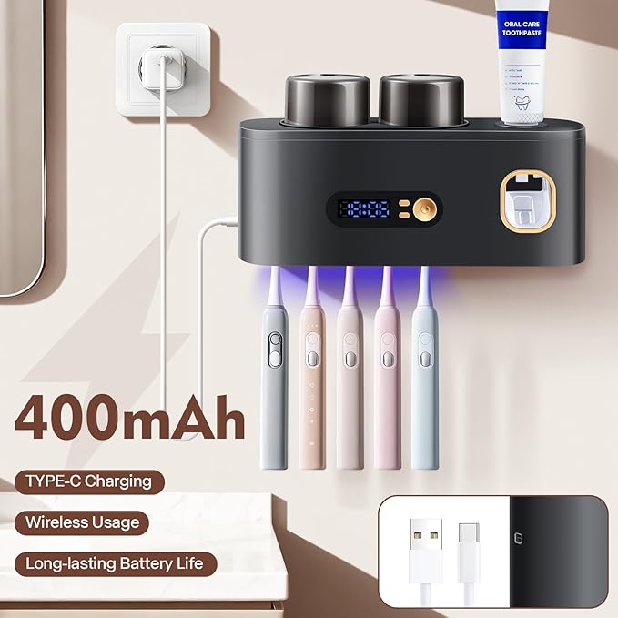 Upgrade Toothbrush Sterilizer,Toothbrush Holder for Bathroom,Tooth Brush Cleaning Tool with Toothpaste Dispenser Wall Mounted Type-C Charging with 2 Cups (Grey)