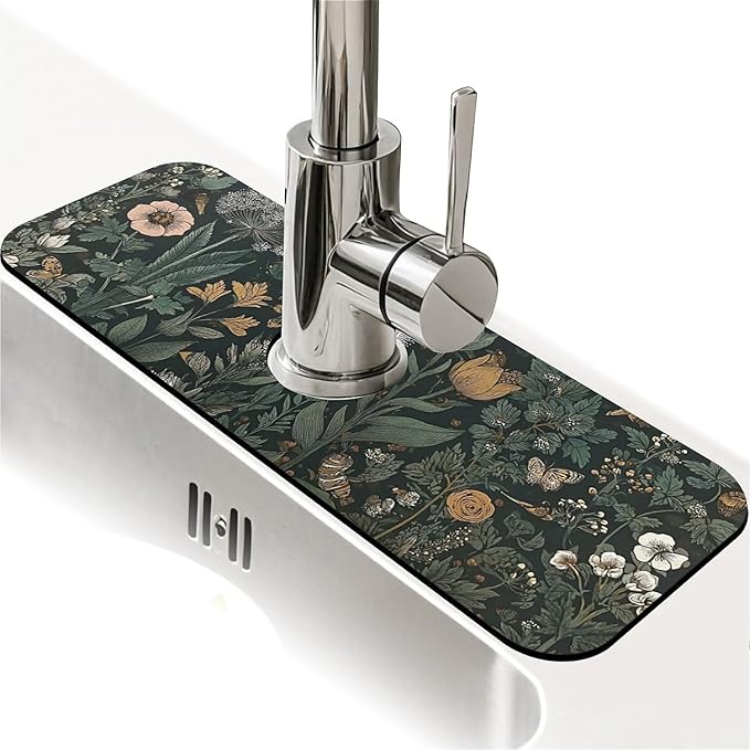 Kitchen Sink Splash Guard，Dark-green black flowers Faucet Mat Sink Gadgets-Super Absorbent Fast Drying Mat Drip Catcher for Kitchen, Bathroom,Sink Mat, Dish Drying Mat, Bathroom(15" X 5.5" )