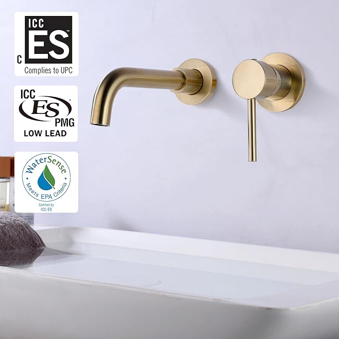 Sumerain Wall Mount Bathroom Faucet Brushed Gold,Single Handle with Brass Rough-in Valve