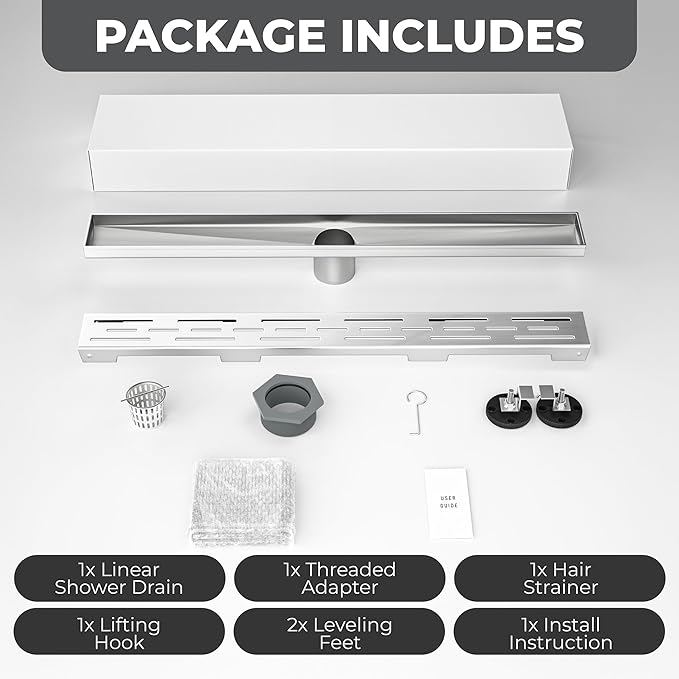 36 Inch Rectangular Linear Shower Drain Set with Brick Pattern Grate, 304 Stainless Steel Bathroom Floor Drain with Hair Catcher, Shower Floor Drain Includes Adjustable Leveling Feet