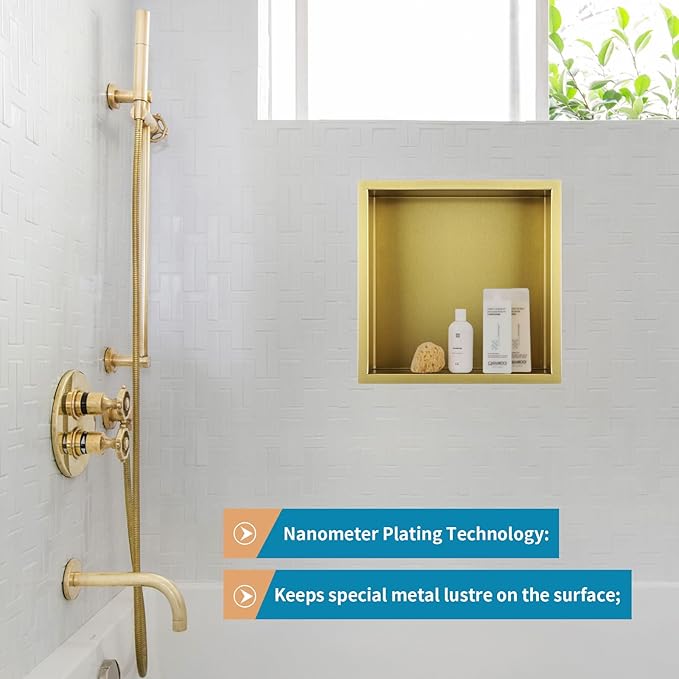 12"×12" Shower Niche Brushed Stainless Steel, Recessed Shower Caddy, Bathroom Shelf Insert Fits for 11"x11" Wall Hole Installation (Gold)