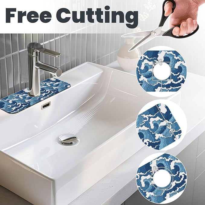 The Great Wave Off Kanagawa Japanese Blue White Kitchen Sink Splash Guard Faucet Mat 1 Pcs, Absorbent Fast Drying Mat Gadgets Splash Guard For Bathroom 15 X 5.5 Inches