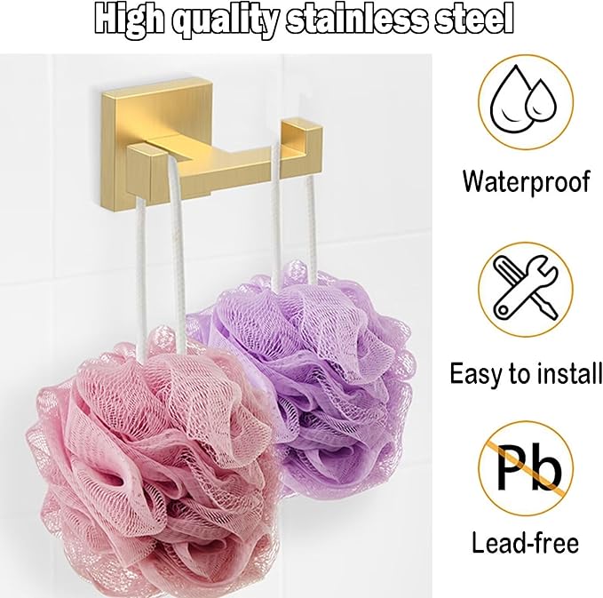 BOZWELL Double Towel Hooks for Bathroom Light Brushed Gold Wall Mount，Simple Modern Square Style Coat Robe Hook，Stainless Steel Heavy Duty Door Hanger for Bathroom Bedroom Kitchen Hotel Pool 1502-G-1