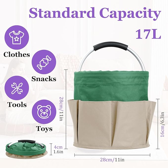 17L Caddy Organizer with Handle, Foldable Cleaning Supplies Caddy with 6 Pockets, 600D Oxford Cloth Tool Bag, Storage Organizer for Camping, Car Tool Storage, Gardening, Khaki with Green