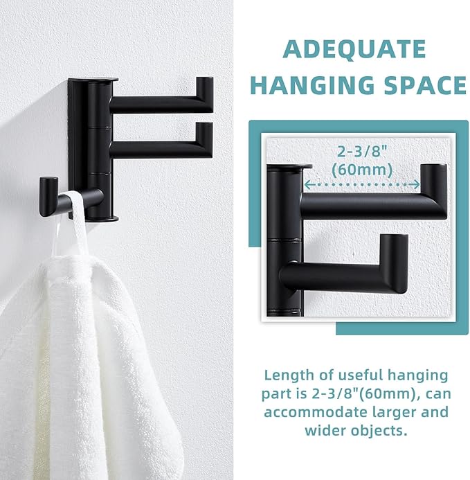 Suyar Swivel Towel Hook 3 Arms, SUS 304 Stainless Steel Coat Robe Holder, Foldable Wall Hook, Matte Black