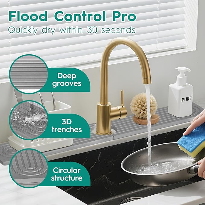 16 Inch Stone Faucet Mat for Kitchen Sink,Kitchen Sink Splash Guard-Water Absorbing Stone Tray for Sink,Super Absorbent, Diatomite Protector with Drainage for Kitchen Bathroom Counter(Light Grey）