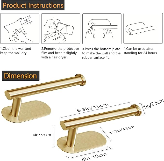 Toilet Paper Holder - Self Adhesive Toilet Paper Holder Wall Mount for Bathroom, SUS 304 Stainless Steel Command Strip Toilet Paper Roll Holder Stick On Wall, No Drilling - Brushed Gold（2 Pcs）