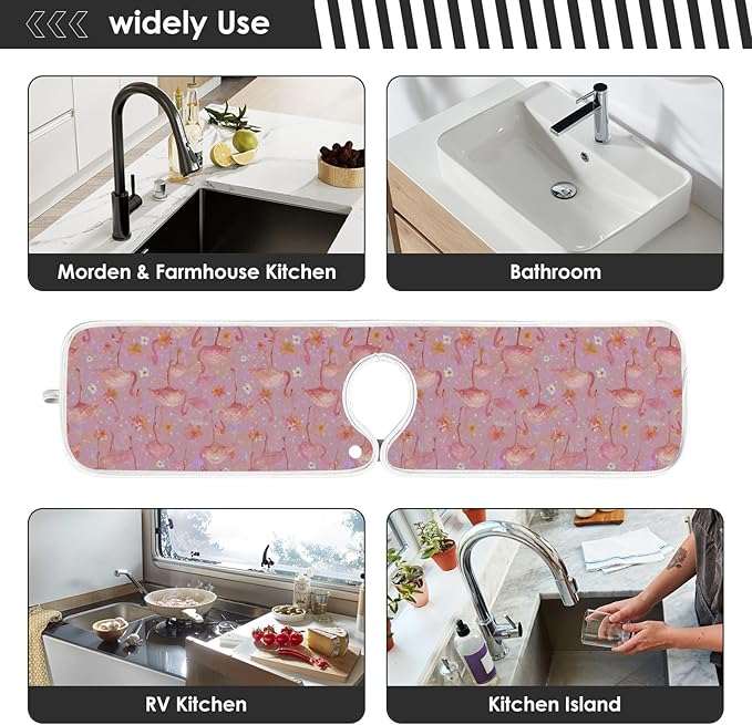 2 PCS Kitchen Sink Splash Guard 23.6 Inch Faucet Mat for Kitchen Sink Bathroom Sink Faucet Absorbing Drip Drain Mat Pad Microfiber Soft Washable Black and Pink Flamingo Petals