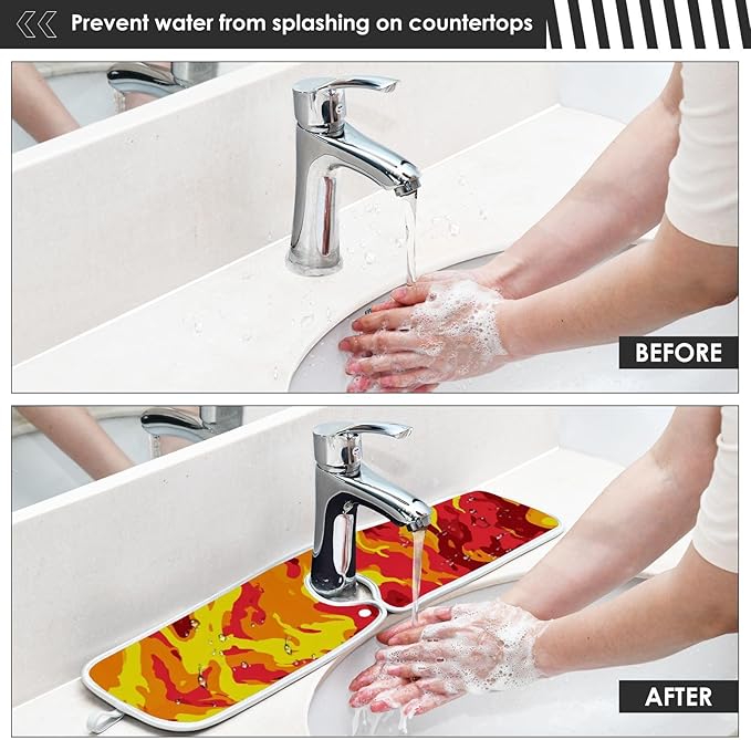 2 PCS Kitchen Sink Splash Guard 23.6 Inch Faucet Mat for Kitchen Sink Bathroom Sink Faucet Absorbing Drip Drain Mat Pad Microfiber Soft Washable Red and Yellow Flame
