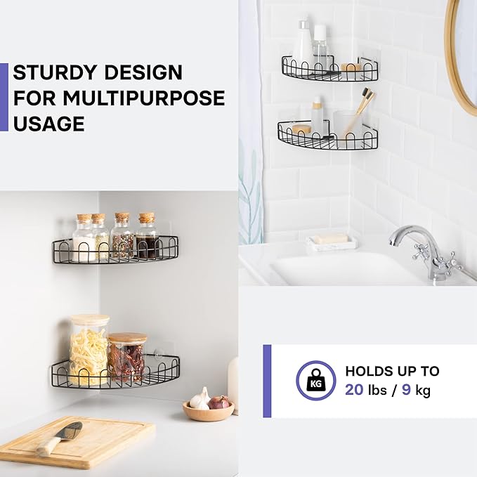 KINCMAX Corner Shower Caddy, Rustproof SUS304 Stainless Steel, Adhesive Wall Mount Double Baskets 2-pack (Matte Black)