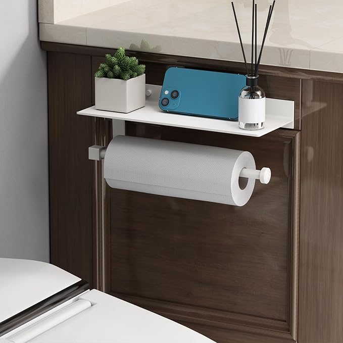 Danpoo White Paper Towel Holder with Shelf Wall Mount, Adhesive Hand Towel Holder for Bathroom, Kitchen Towel Holder