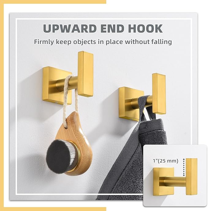 APLusee Robe Towel Hook 2 Pack Brushed Gold, 304 Stainless Steel Square Coat Hanger, Wall Mounted