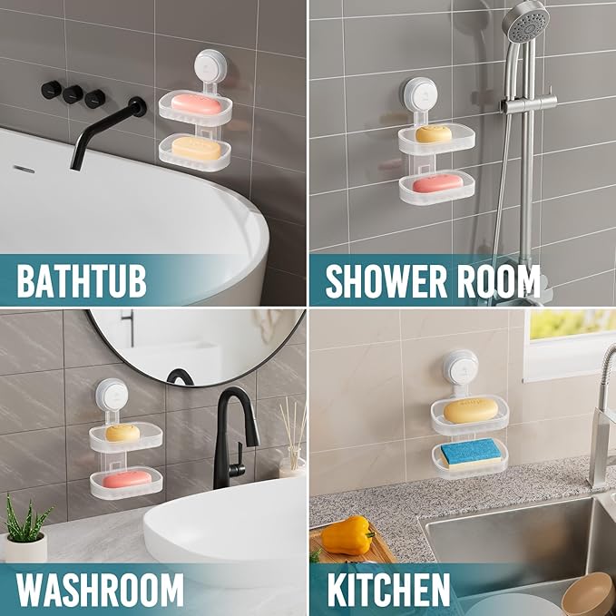 TAILI Double Layer Soap Dish Holder Suction Cup, Strong Sponge Holder for Shower, No Tools Soap Saver for Bathroom, Tub and Kitchen Sink, Shower Accessories, Drill-Free, Removable,Clear