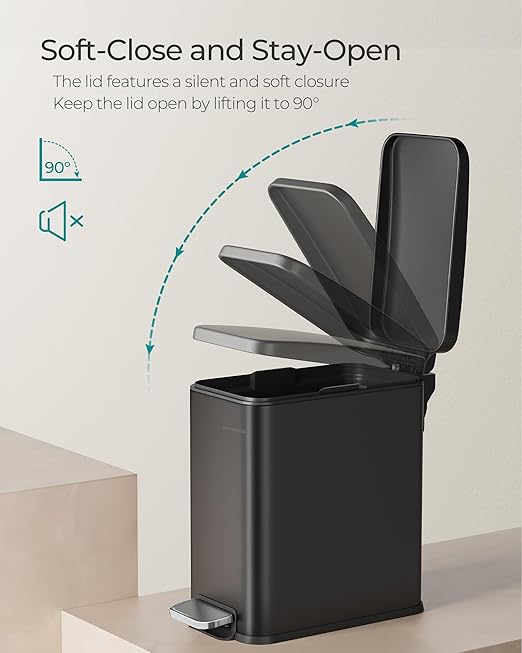 SONGMICS Bathroom Trash Can, 2.6 Gallon (10 L) Small Trash Bin with Lid, Slim for Small Spaces, Stainless Steel Garbage Can, Soft Close, Black ULTB561B10