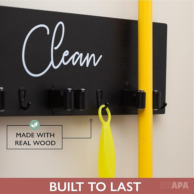 Ilyapa Mop and Broom Holder Wall Mount, Black Wall Hanging Wooden Brooms and Mops Organizer, Kitchen & Laundry Room Broom Hanger Organizer Storage Rack