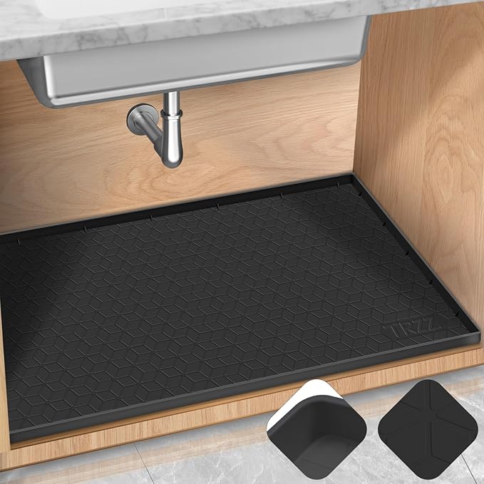 TRZZ Silicone Waterproof Under Sink Mat 28" x 22", Drip Tray and Cabinet Liner for Kitchen and Bathroom, Prevents Water Damage and Organizes Cabinets (Black)