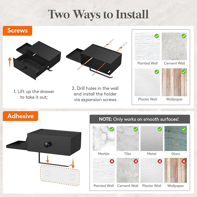 Lifewit Toilet Paper Holder with Shelf and Drawer, Screw or Adhesive Wall Mount Tissue Roll Storage, Dustproof & Flushable Bathroom Wipes Dispenser Organizer, Black, 2 Pack
