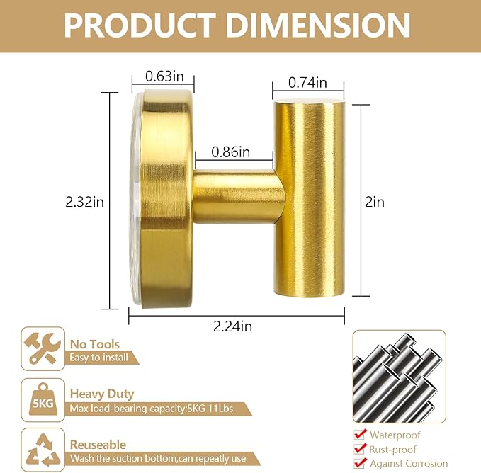 Towel Hooks Shower Suction Hook Towel Hanger for Bathroom Hanging Coat, Robe, Removable Wall Mounted Hook for Bedroom Kitchen Hotel Pool Brushed Gold(2-Pack)