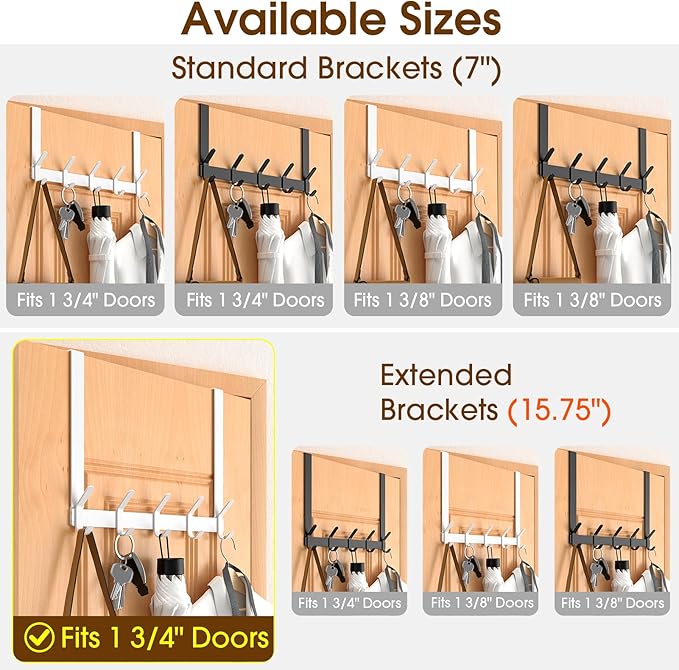 Long Over The Door Hooks Hanger with 15.75" Arms for for Easier Access by Shorter, J16U, Perfectly Fits US Standard 1 3/4-inch Doors, Towel Rack Bathroom Organizer Holder, White