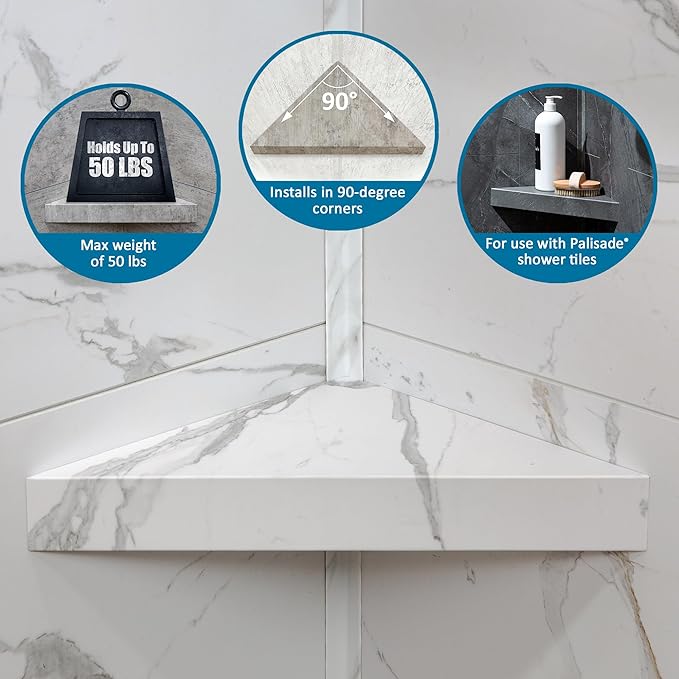 Palisade Vinyl Waterproof Corner Shower Shelf in Frost Nickel