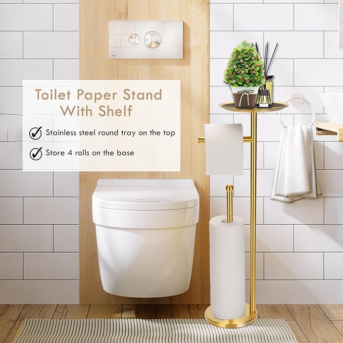 Toilet Paper Holder Freestanding with Big Shelf, 4 Rolls Reserve Paper Holder Stand, Modern Paper Roll Holder with Storage Space for Phones (Gold)