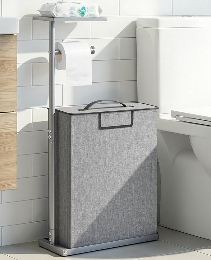 Freestanding Toilet Paper Holder Stand with Shelf for Up to 12 Rolls,Rustproof Metal Bathroom Toilet Paper Storage with Lid, All-in-One Toilet Tissue Roll Dispenser and Organizer,Gray
