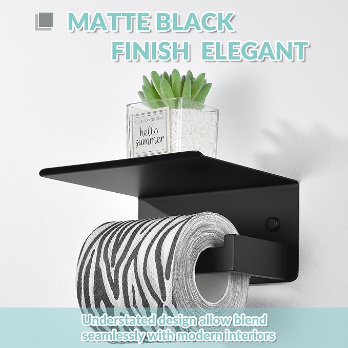 APLusee Matte Black Toilet Paper Holder with Shelf, Left Side 304 Stainless Steel Tissue Hanger, Wall Mounted