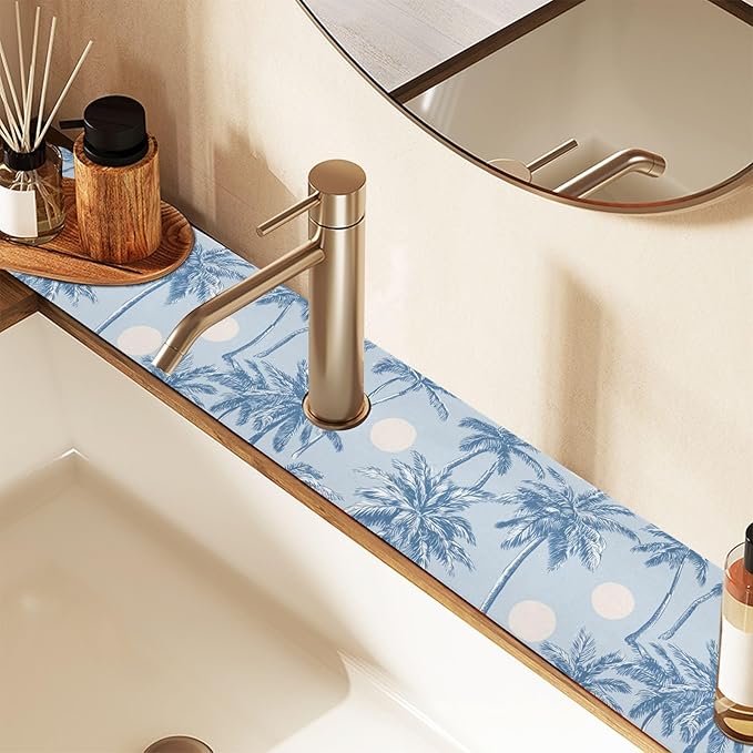 Kitchen Sink Splash Guard 1 PC 30 Inch Sink Faucet Mat Splash Guard for Bathroom Countertop Water Absorbent Foldable Cuttable Soft Washable Light Blue Palm Trees and Sun