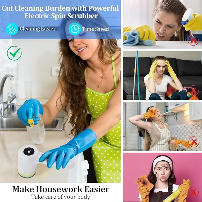 Electric Cleaning Brush Cordless, IPX6 Waterproof Electric Spin Scrubber, Sonic Scrubber with LED Display, 5Replacement Heads, 2 Adjustable Speeds Bathroom Brush for Kitchen/Tile/Garden/Floor/car