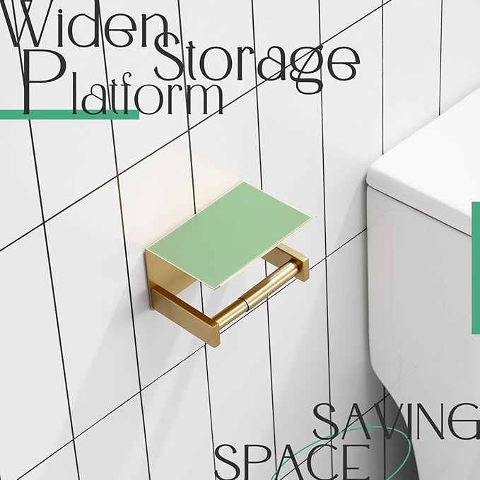 KOKOSIRI Roll Paper Holder Spring Loaded Tissue Paper Holder Bathroom Toilet Roll Holder with Shelf Wall Mounted Stainless Steel Brushed Gold B2012BG