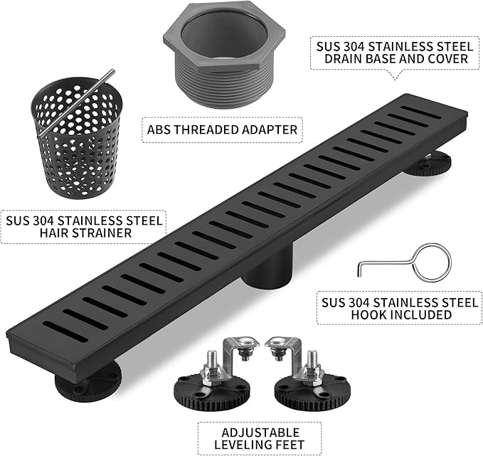 Linear Shower Drain 24 inch, Floor Drain with Removable Pattern Grate, 304 Stainless Steel Rectangular Linear Drain with Hair Strainer, CUPC Certified, Matte Black, SD-104