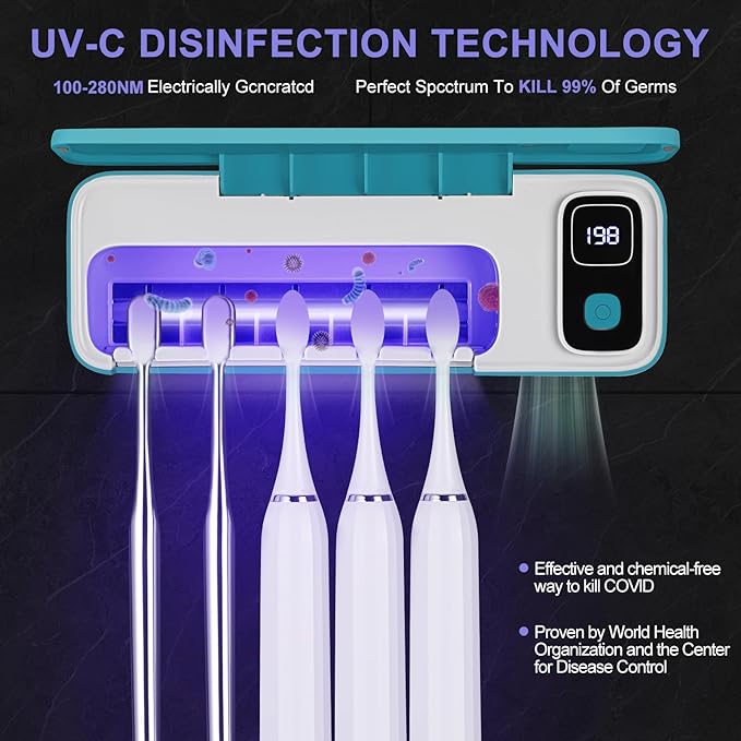 Toothbrush San itizer Holders Wall Toothbrush San itizer Holder with Light, 5 Slots Toothbrush Holder Rechargeable Toothbrush Cleaner Case Cover Toothbrush Holder with Air Dry for Bathroom (Blue)