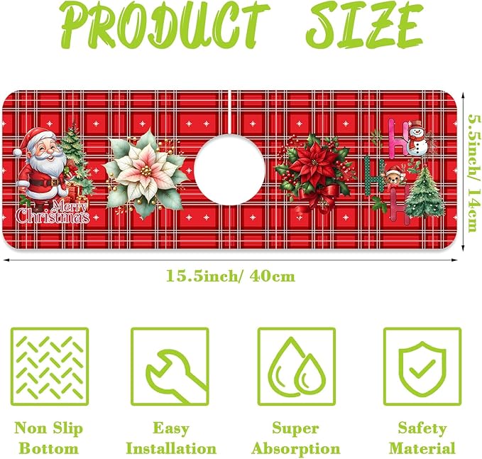 Chrismas Sink Splash Guard Faucet Mat Christmas Absorbent Fast Drying Mat Sink Gadgets Splash Guard Behind Faucet Drip Catcher for Kitchen Bathroom 15.5"X5.5"