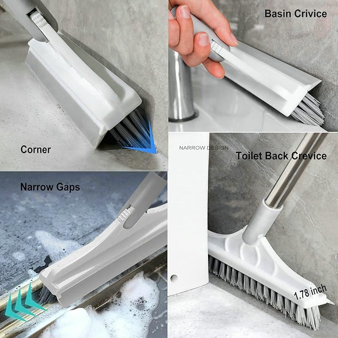 2 in 1 Cleaning Scrub Brush Grout Brush Scrapee 3 Poles 47.6'' Floor Scrub Brush with Long Handle V-Shape Stiff Bristle Brush Scrubber with Squeegee 120°Rotate Magic Broom Brush for Bathroom Glass