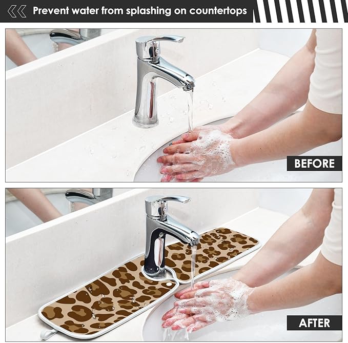 2 PCS Kitchen Sink Splash Guard 30 Inch Faucet Mat for Kitchen Sink Bathroom Sink Faucet Absorbing Drip Drain Mat Pad Microfiber Soft Washable Brown Leopard Print