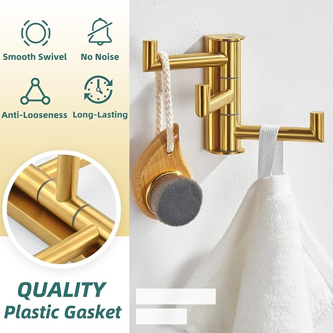 APLusee Swivel Towel Hook, 304 Stainless Steel Foldable Clothes Hook with Multi Three Rotating Arm, Flexible Bathroom Kitchen Storage Hanger Wall Mounted, Brushed Gold