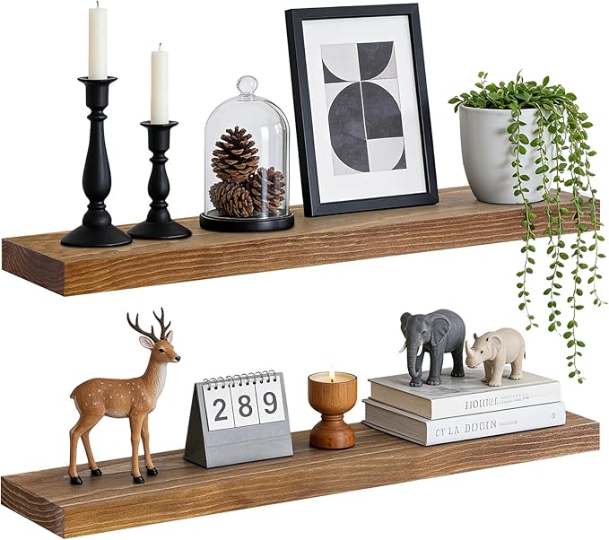 Floating Wall Shelves 30x6.8x1.7 Inch – Solid Wood Rustic Shelves in Dark Oak Finish – Wall Mounted Heavy Duty Display Shelf for Kitchen, Bedroom, Living Room – Set of 2