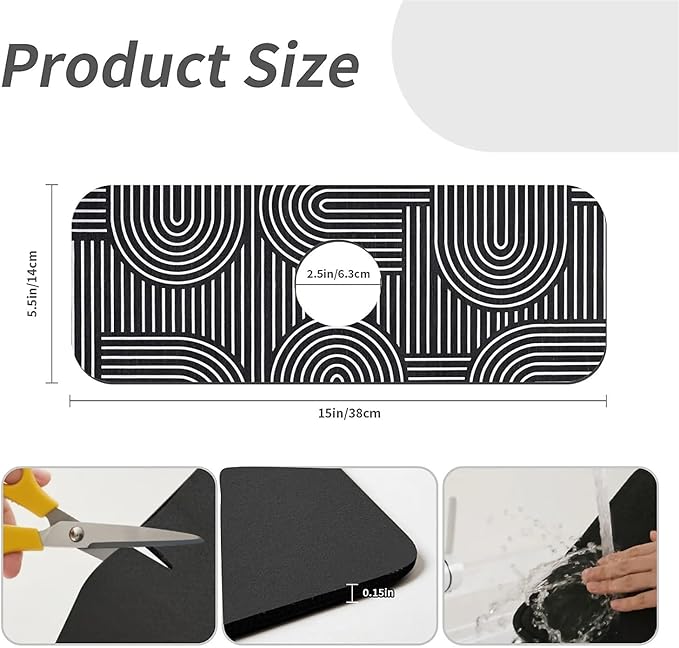 Kitchen Sink Splash Guard，Simple lines Faucet Mat Sink Gadgets-Super Absorbent Fast Drying Mat Drip Catcher for Kitchen, Bathroom,Sink Mat, Dish Drying Mat, Bathroom(15" X 5.5" )