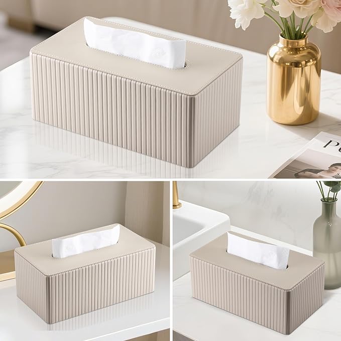 KINGFOM PU Leather Tissue Box Cover Rectangular Tissue Box Holder with Magnetic Bottom, Napkin & Facial Tissue Holder Dispenser for Home, Office (Decorative Pattern-PU Leather, Beige Stripe)