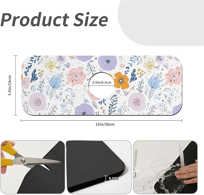 Kitchen Sink Splash Guard，Spring flowers Faucet Mat Sink Gadgets-Super Absorbent Fast Drying Mat Drip Catcher for Kitchen, Bathroom,Sink Mat, Dish Drying Mat, Bathroom(15" X 5.5" )