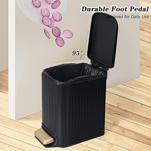 Soddeph Small Narrow Bathroom Trash Can with Lid Bathroom,1.6 Gallon Stainless Steel Wastebasket with Lid Soft Close,Slim Trash Can with Removable Inner Bucket for Toilet, Bedroom,Office (Black)