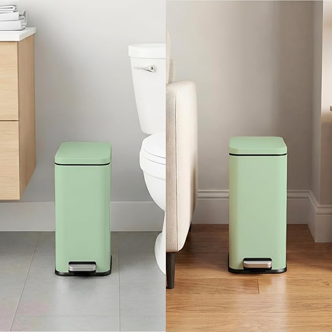 iTouchless 3 Gallon Slim Bathroom Trash Can with Lid & Odor Filter, Soft-Step Steel Pedal Bin for Narrow Spaces, Wastebasket for Kids Room, Cottagecore, & Nature Inspired Decor – Pastel Green