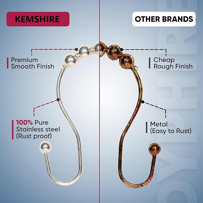 Shower Curtain Hooks Rust Proof (Set of 12) - Stainless Steel Shower Curtain Rings - Anti Slip Roller Balls for Easy Glide (Omega Double Hooks, Chrome)