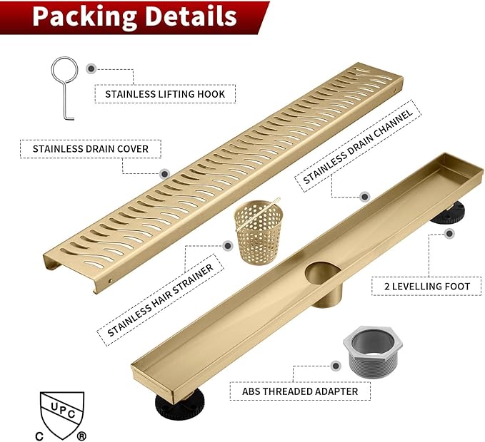 Sharp-tec Linear Shower Drain, 28inch Shower Drain with Removable Pattern Cover, Brushed Gold 304 Stainless Steel Rectangle Floor Drain, Adjustable Feet and Hair Strainer Included