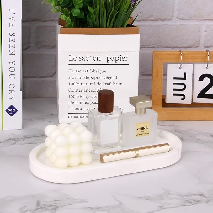 Oval Marble Bathroom Vanity Tray, Natural Luxury Marble Home Kitchen Bathroom Table Tray, Stone Decorative Countertop Serving Trays for Coffee Perfume Jewelry Makeup (White, 10 * 5 * 0.6)