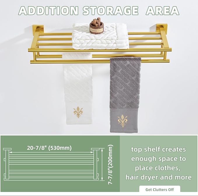 Bathroom Towel Shelf with Holder, Angle Simple SUS304 Stainless Steel Bath Towel Rack with Double Towel Bar, Wall Mount, Brushed Gold 23.62 Inches
