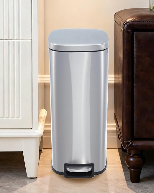 3.2 Gallon / 12 Liter Trash Can Stainless Steel Garbage Can with Removable Inner Bucket for Offices, Hands-Free Kitchen Step Trash Can for Kitchen & Bathroom, Silver