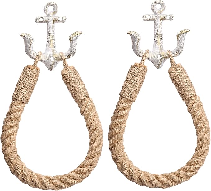 2 Pcs Nautical Toilet Paper Holder Rustic-Industrial Wall-Mounted Nautical Toilet Paper Towel Ring with Metal Hook for Bathroom Decor(White+White)