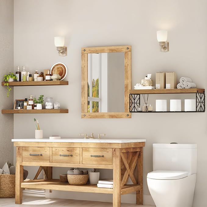 Floating Shelves for Wall, 23.6" Wall Mounted Shelves Set of 3, 1.5" Thick Hanging Shelf Storage, Farmhouse Decor for Bathroom, Toilet, Bedroom, Living Room, Kitchen, Rustic Brown 6001BJBF