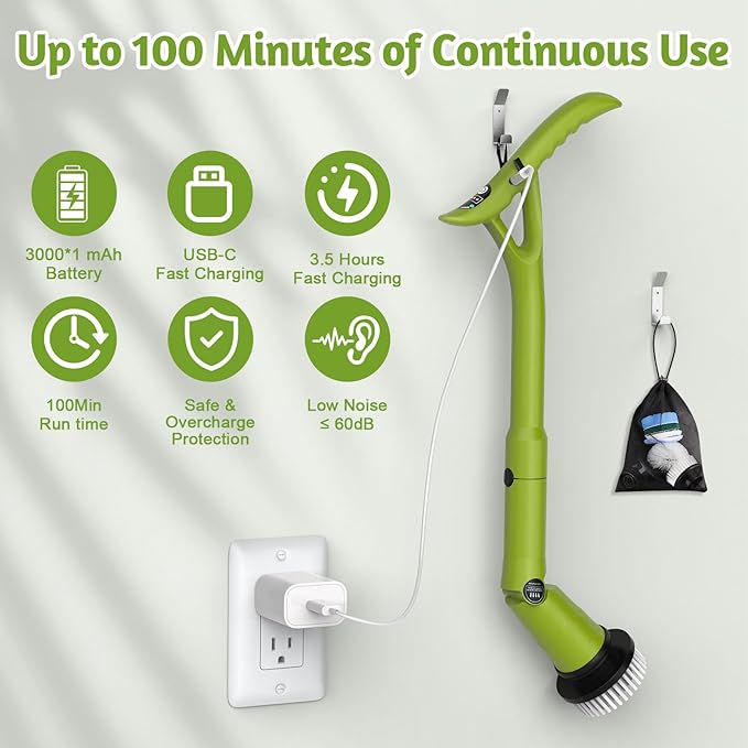 Electric Spin Scrubber, Cordless Cleaning Brush with 8 Brush Heads, 3 Speeds, LCD Display, and Adjustable Extension Handle, IPX7 Waterproof Power Scrubber for Tub Bathroom Floor Tile (Green)